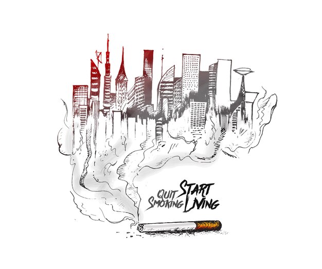 Burning cigarette as a pollution city design with deadly smoke symbolizing that Quit Smoking or start living