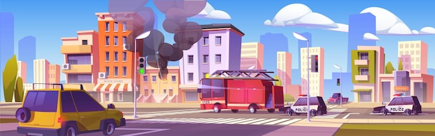 Бесплатное векторное изображение Горящее городское здание и вектор пожарной машины