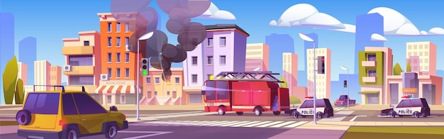 Free vector burning city building and firefighter truck vector