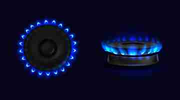 Free vector burning gas stove with blue flame top and side view