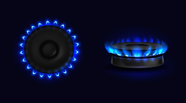 Горящая газовая плита с синим пламенем сверху и сбоку