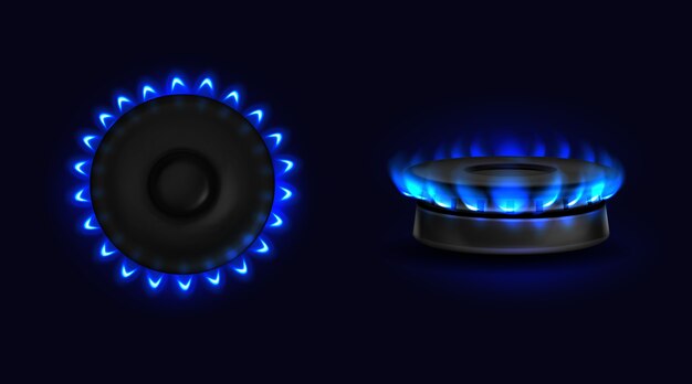 Burning gas stove with blue flame top and side view