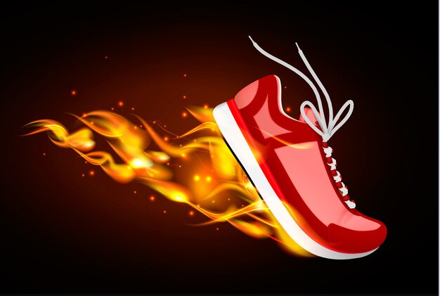 Burning sport shoes realistic illustration of red sneaker in dynamics with fire from under sole