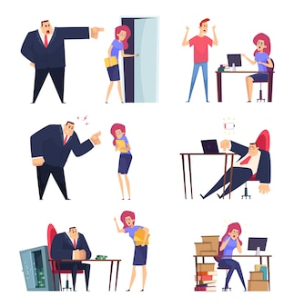 Burnout job. problem at work overwhelmed sleepy lazy managers stressed stuff angry boss tired characters vector people. illustration character employee tired in office, business angry boss