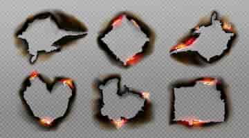 Free vector burnt holes in paper with fire and black ash