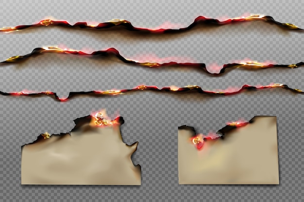 Burnt paper edges and parchment sheets with fire and black ash isolated on transparent background