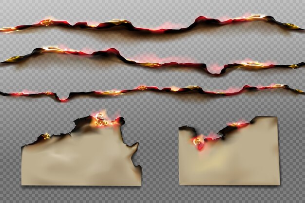 透明な背景に分離された火と黒い灰と焦げた紙の端と羊皮紙シート