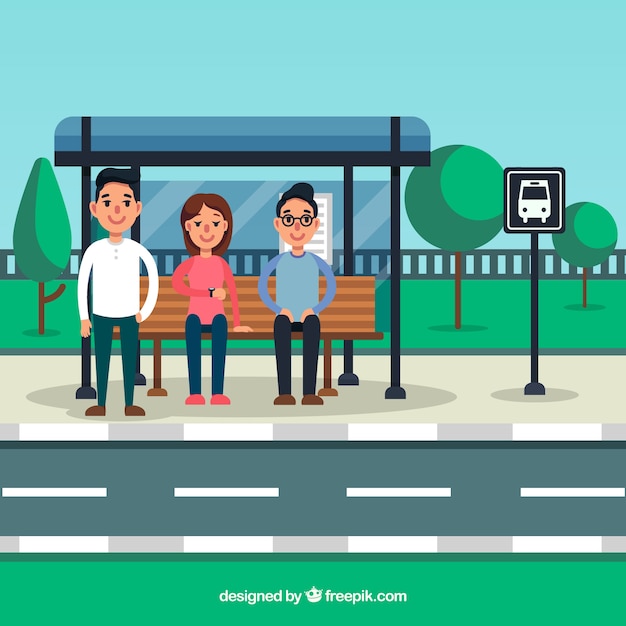 Free vector bus stop and people with flat design