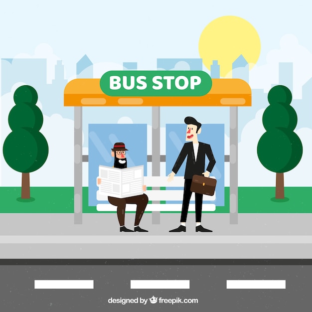 Free vector bus stop and people with flat design