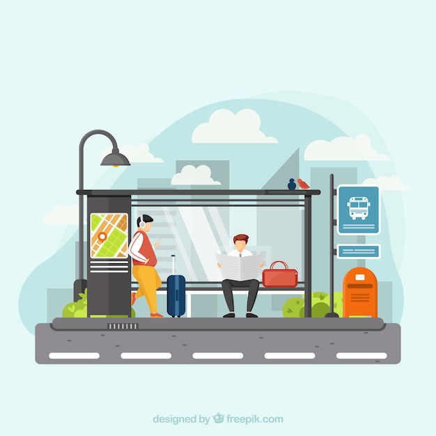 Bus stop and people with flat design