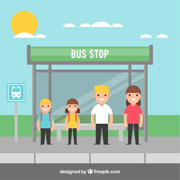 Free vector bus stop and people with flat design