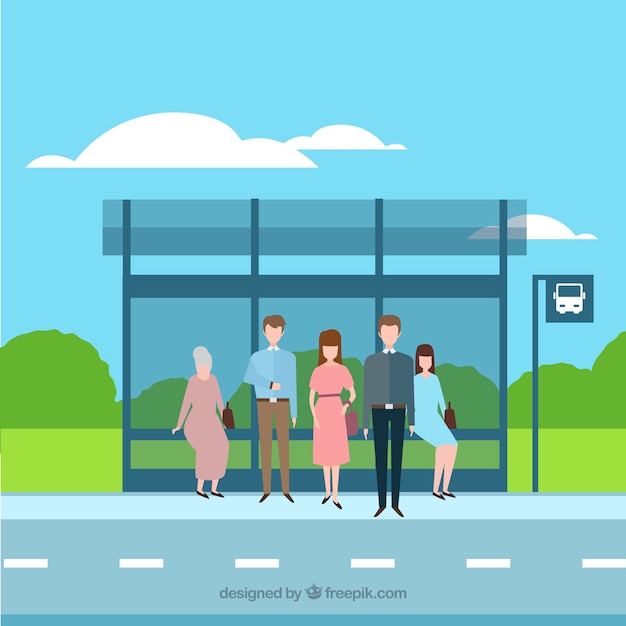 Bus stop and people with flat design