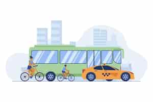 Vettore gratuito autobus, taxi e ciclisti che guidano su strada cittadina. trasporto, bicicletta, illustrazione vettoriale piatto auto. traffico e stile di vita urbano