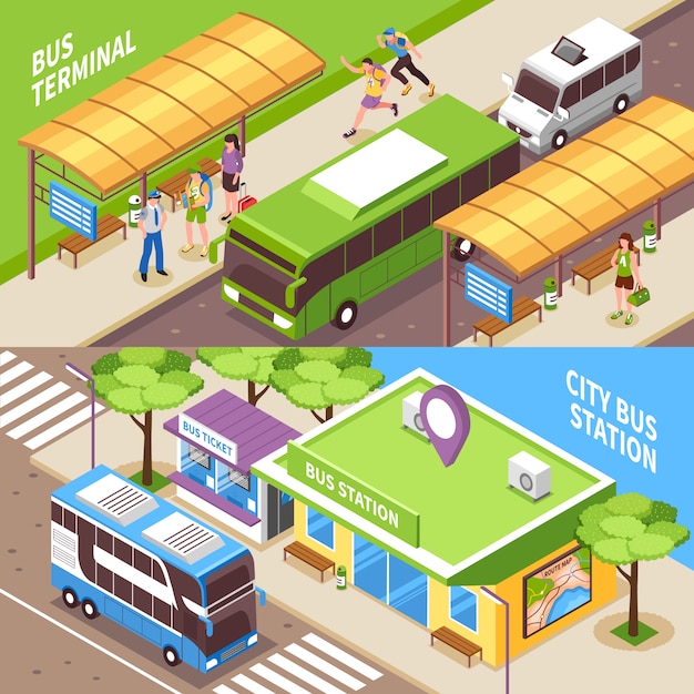 Bus terminal isometric horizontal banners