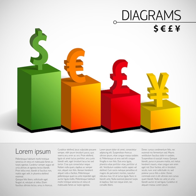 business 3d bar chart template with text fields and correlation of exchange rates