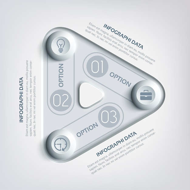 무료 벡터 세 가지 옵션이있는 비즈니스 추상 삼각형 infographics 둥근 사각형 원과 회색 색상의 아이콘