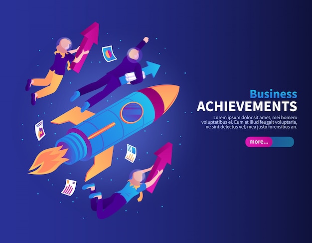 Free vector business achievements color  with rocket and people flying to galaxy stars isometric