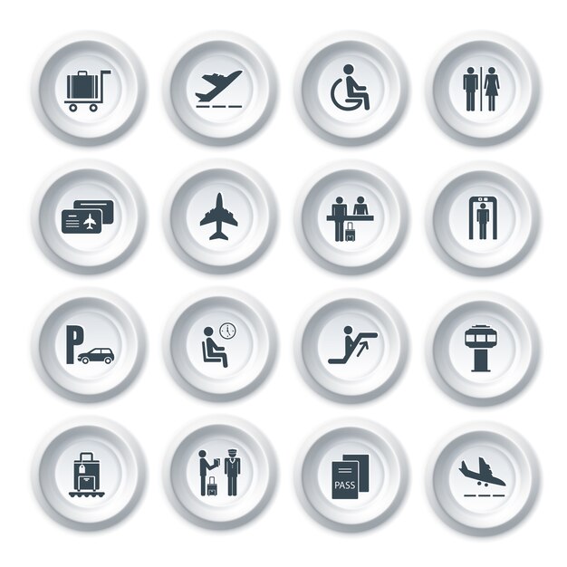 ビジネスの空港の旅行ボタンのアイコンは、平面セキュリティのチェック手荷物の制御は、ベクトル図