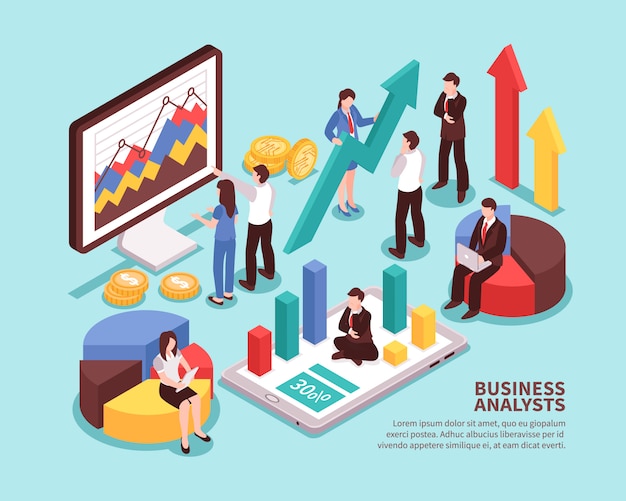 Business analyst concept with diagrams and statistics isometric isolated