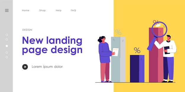 無料ベクター 販売レポートを分析するビジネスアナリスト。販売データ、財務バー、分析、マーケティングフラットベクトルイラスト。バナー、ウェブサイトのデザインまたはランディングウェブページのビジネスプロセスと技術の概念