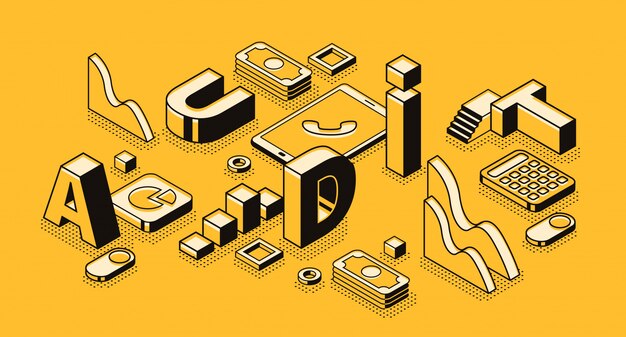 business audit illustration in letters design and isometric black thin line