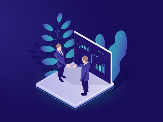 Business automated analytic system isometric icon, businessman hold a meeting