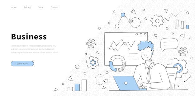 Бесплатное векторное изображение Деловой баннер с человеком работает на ноутбуке в офисе. векторная целевая страница с каракули иллюстрацией бизнесмена с ноутбуком на фоне диаграмм, диаграмм и передач