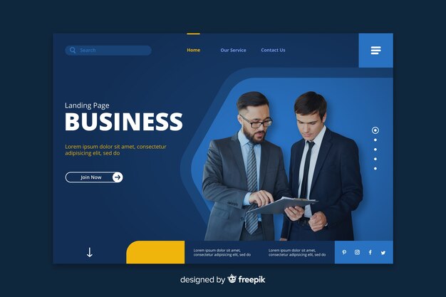 Business blue landing page with businessmen