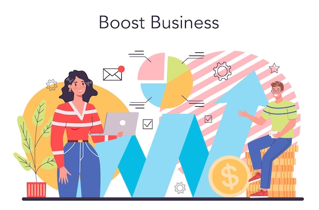 Business boost concept Company and personal career success Busines development and profit increase due to sales boost Isolated flat vector illustration