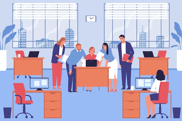 Business brainstorm composition with indoor office scenery and human characters of coworkers discussing ideas holding papers vector illustration