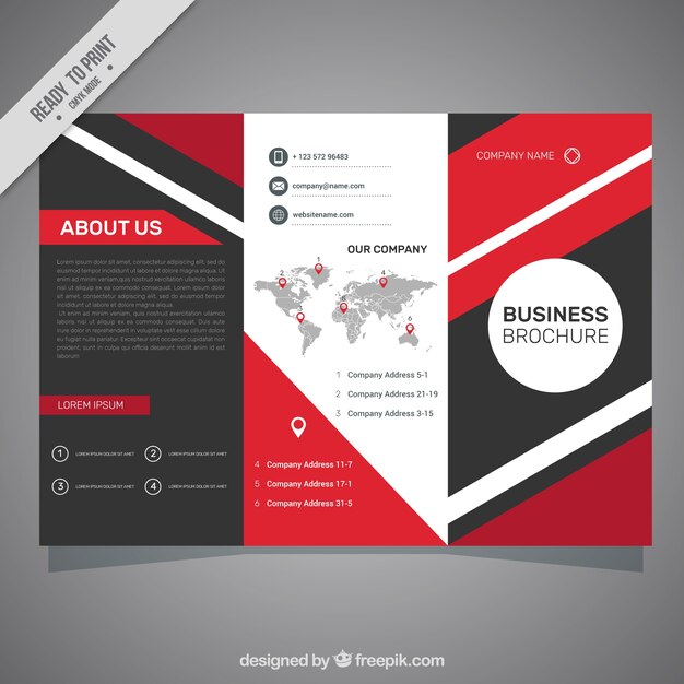 Business brochure with world map and red shapes