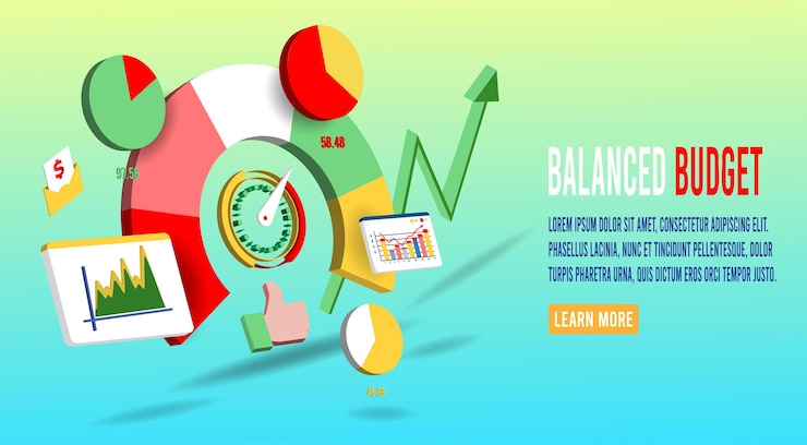 Free Vector business budget management and planning concept. isometric vector for web banner, landing page. business documents with statistics infographics, stock exchange fluctuation
