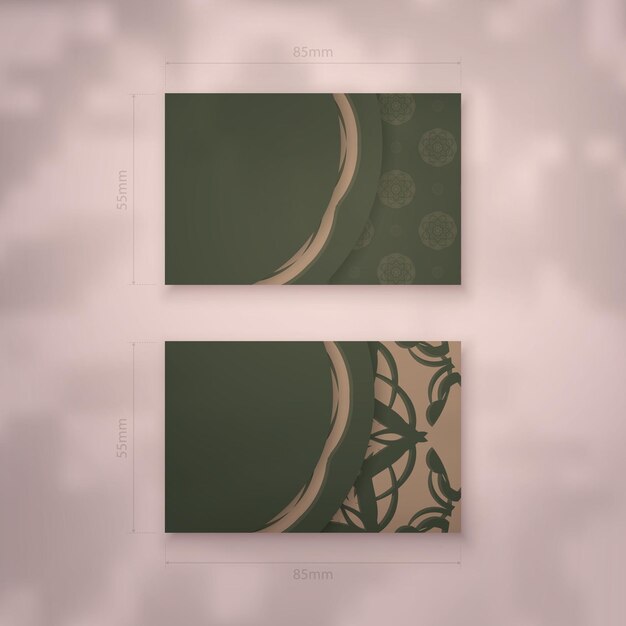 Business card template in green color with a luxurious brown pattern for your contacts.