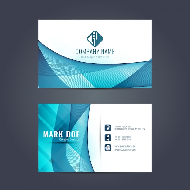 Free vector business card with blue wavy shapes