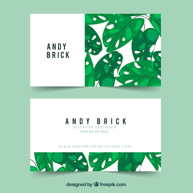 Free vector business card with modern leaves