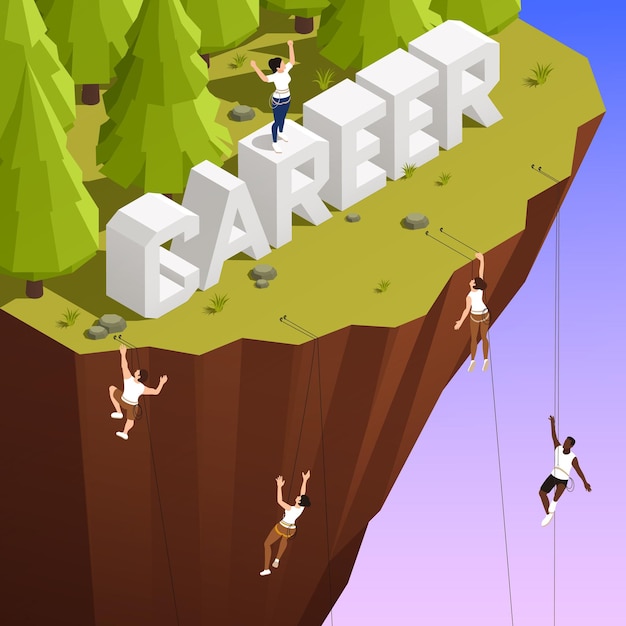 Business career challenge winner on steep cliff climbing sport\
metaphor isometric composition with top ropers vector\
illustration