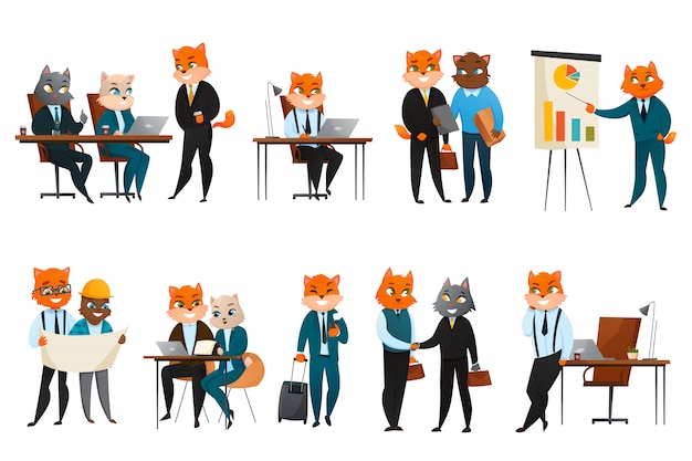 Free vector business cat cartoon icons set