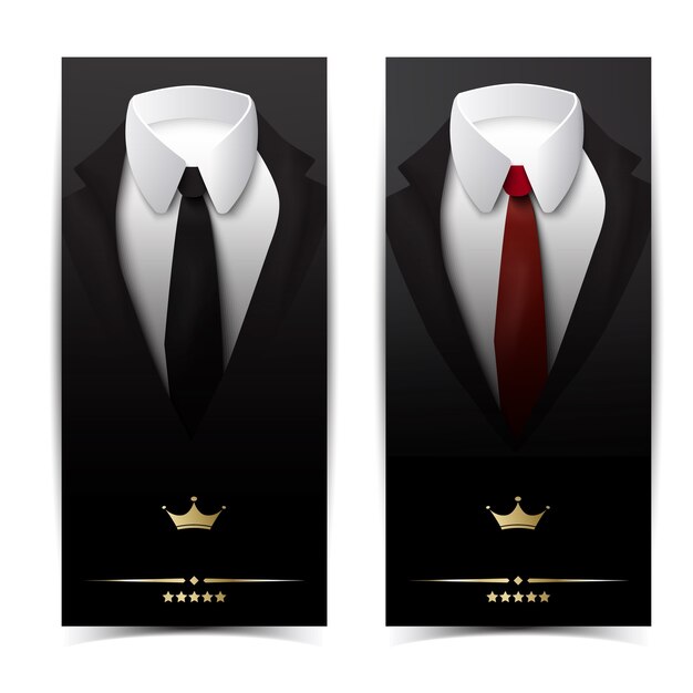 Business clothing vertical banners with classic jackets black red ties and white shirts