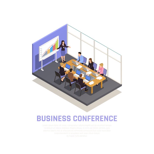 Бизнес-коучинг изометрической концепции с символами бизнес-конференции