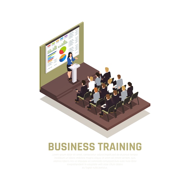 Free vector business coaching isometric concept with lecture and workshop symbols