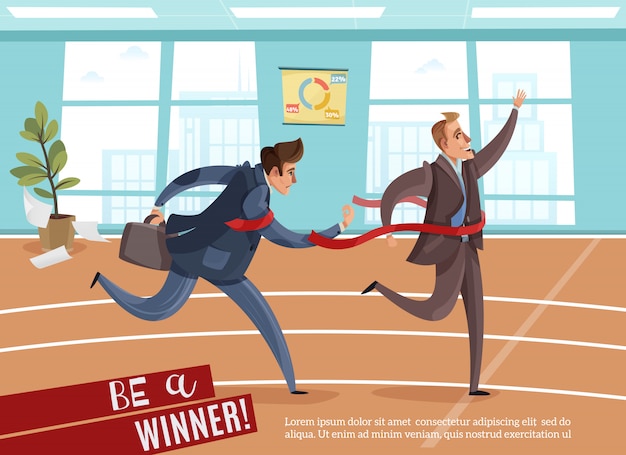 Business competition winner loser  with editable text and indoor view of office with athletic track