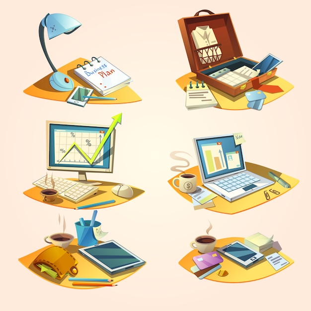 Free vector business concept set with retro cartoon office work icons