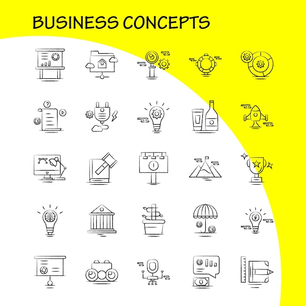 Free vector business concepts hand drawn icons set for infographics mobile uxui kit and print design include document file text text file idea bulb target collection modern infographic logo and pictogram vector