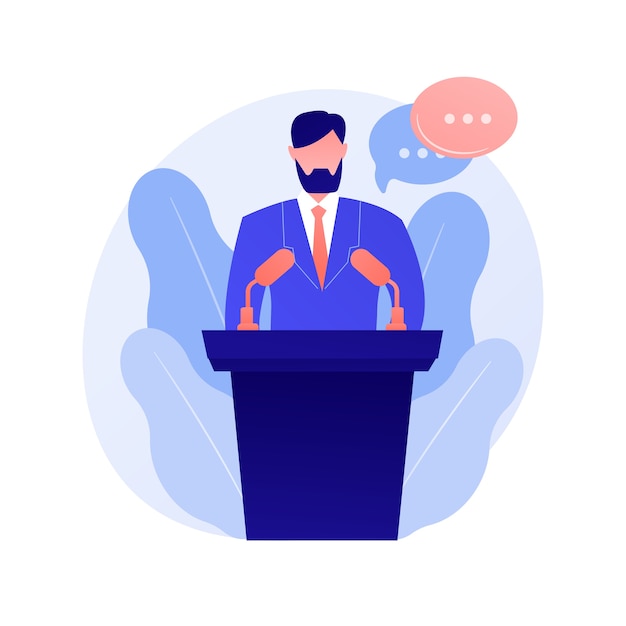 Business conference, corporate presentation. female speaker flat character with empty speech bubbles. political debates, professor, seminar concept illustration Free Vector