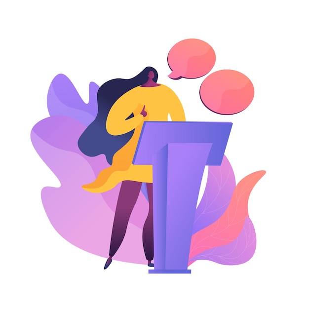 Free vector business conference, corporate presentation. female speaker flat character with empty speech bubbles. political debates, professor, seminar.