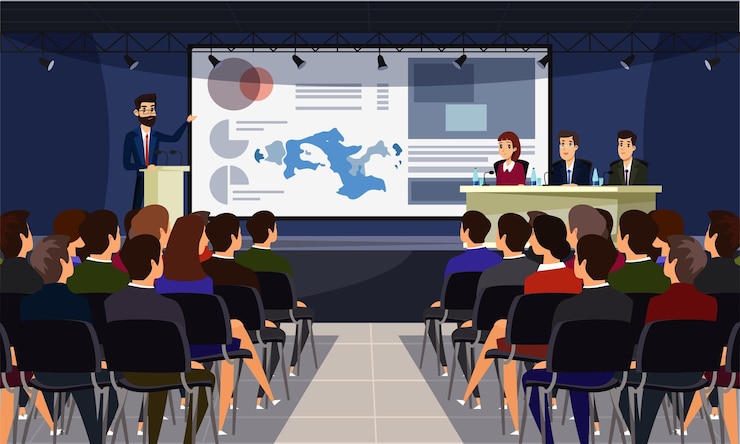 Free Vector business conference illustration with speaker on stage and audience cartoon characters scientific presentation academic symposium professional briefing