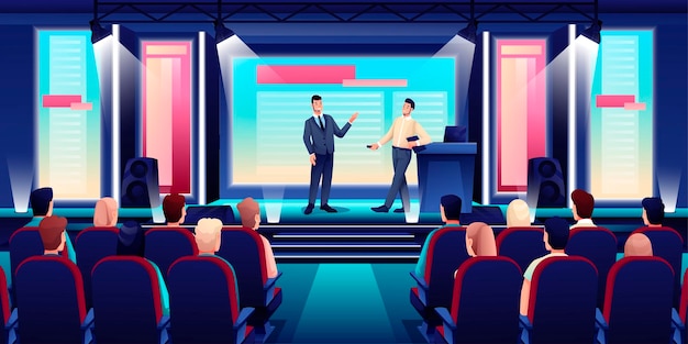 Business conference or seminar in auditorium hall speaker on podium giving presentation to audience in seats event or forum convention in modern center
