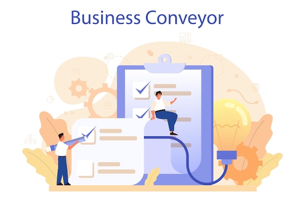 Business conveyor concept idea of business development and coordination business project planning optimization and streamlining effective team work isolated flat vector illustration