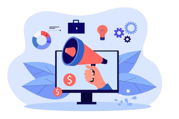 Free vector business data analysis and hand holding megaphone. computer screen, smart marketing, digital payment flat vector illustration. internet, communication concept for banner or landing web page