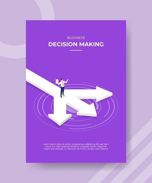 Business decision making men hold paper standing on three arrow street for template flyer